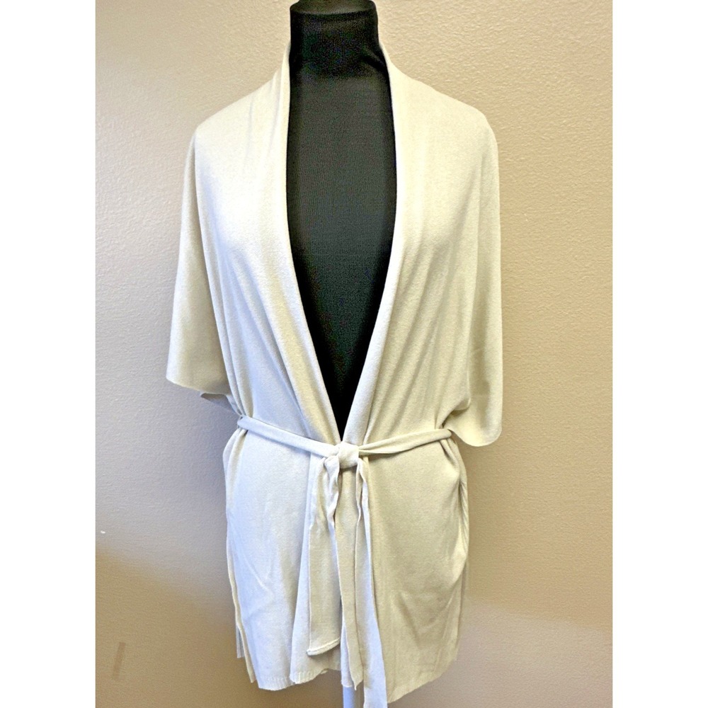Biana Womens Medium Beige belted Open Front Cardigan Short sleeve side slits
